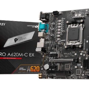 MSI PRO A620M-C EX motherboard featuring AM5 socket, DDR5 support, PCIe 4.0 slots, and HDMI 2.1 connectivity, ideal for budget gaming and productivity builds.