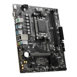 MSI PRO A620M-E motherboard overview showcasing AM5 socket, micro-ATX form factor, DDR5 slots, PCIe 4.0 x16 slot, and connectivity ports.