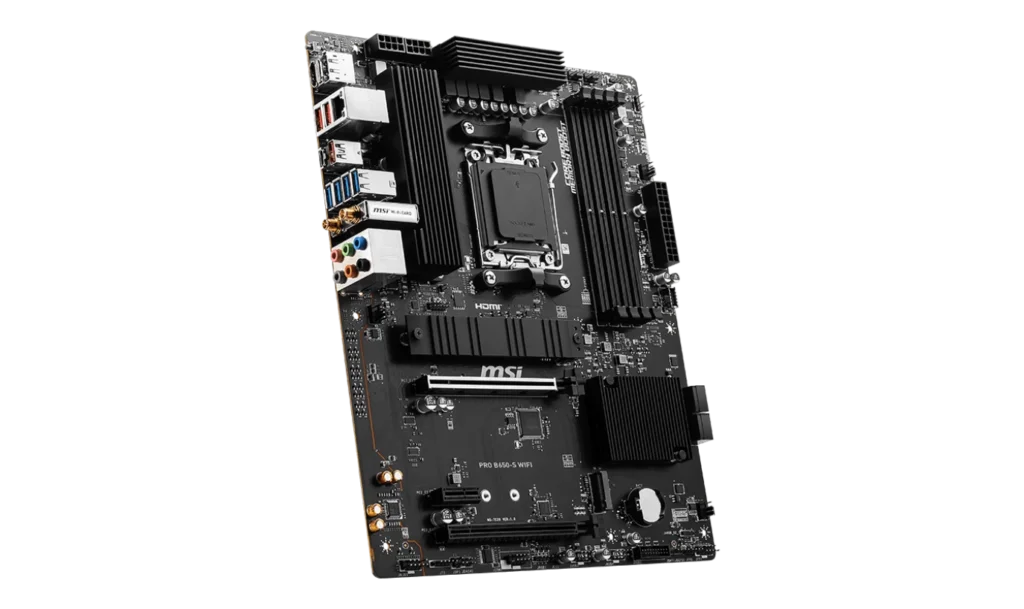 Back panel of the MSI PRO B650-S WIFI with HDMI, DisplayPort, USB 3.2 ports, Wi-Fi antenna connectors, and 2.5G LAN for versatile connectivity.