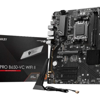 MSI PRO B650-VC WIFI II motherboard showcasing DDR5, PCIe 4.0, Ryzen 7000 support, and Wi-Fi 6E for high-performance gaming and multitasking builds.