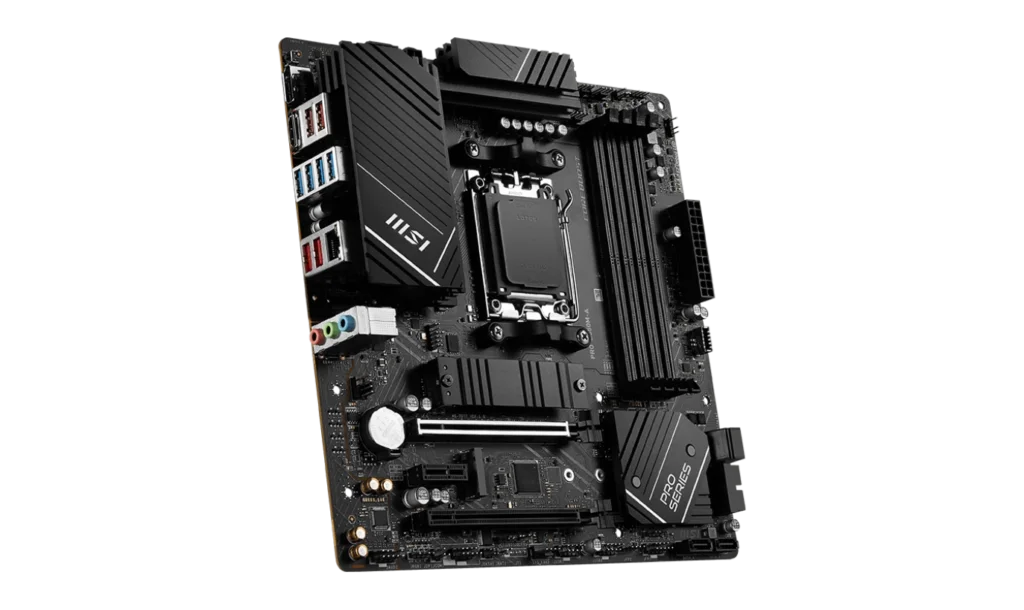 Back panel of the MSI PRO B650M-A with HDMI, DisplayPort, USB 3.2 ports, and 2.5G LAN for robust connectivity and smooth performance.