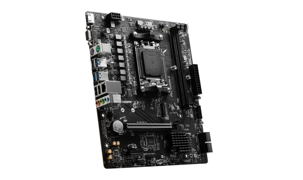 MSI PRO B650M-B back panel with multiple USB and display ports.