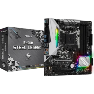 ASRock B450M Steel Legend motherboard for AMD Ryzen 5000 processors, optimized for budget gaming and efficient performance.