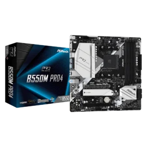 ASRock B550M Pro4 micro-ATX AM4 motherboard featuring Ryzen 5000 compatibility, PCIe 4.0 support, and advanced cooling design for gaming and productivity.