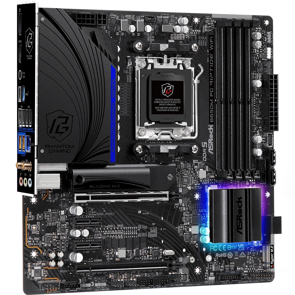 ASRock B650M PG Riptide WiFi AM5 Motherboard with Wi-Fi 6E and DDR5 Support for AMD Ryzen 9000 CPUs.