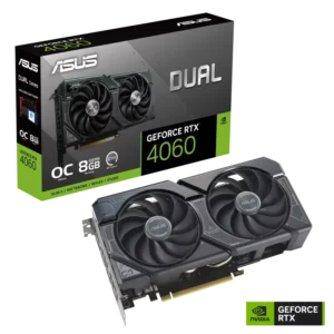 ASUS Dual GeForce RTX 4060 OC Edition 8GB GDDR6 graphics card with dual-fan cooling and DLSS 3 technology for smooth 1080p gaming performance.