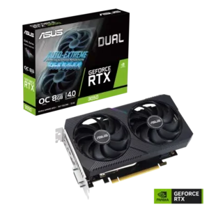 ASUS Dual GeForce RTX 3050 V2 OC 8GB GDDR6 graphics card with dual fan cooling and DLSS support for enhanced 1080p gaming performance.