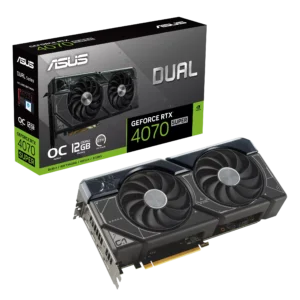 ASUS Dual RTX 4070 SUPER 12GB GDDR6X GPU for gaming and creative tasks, featuring advanced cooling and real-time ray tracing technology.