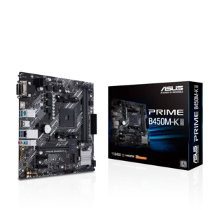 ASUS PRIME B450M-K II AM4 Motherboard optimized for AMD Ryzen 5000 processors, featuring DDR4 memory support, PCIe 3.0, and a compact micro-ATX design.