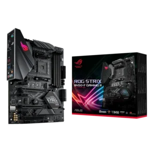 ASUS ROG STRIX B450-F GAMING II motherboard with Aura Sync RGB, AM4 socket, and gaming-focused features for Ryzen 5000 processors.