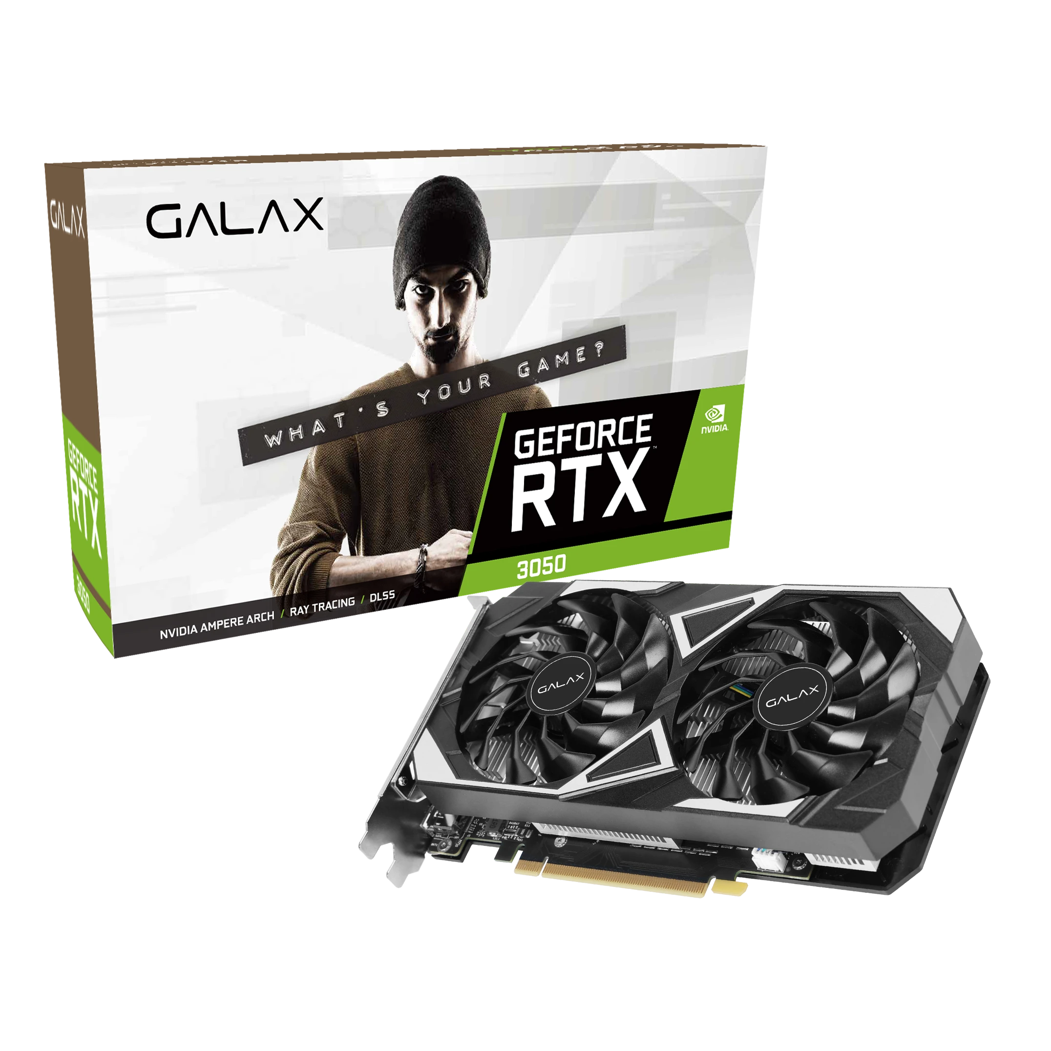 GALAX GeForce RTX 3050 6GB EX graphics card with dual-fan cooling for enhanced 1080p gaming performance.