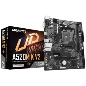 GIGABYTE A520M K V2 - AM4 Motherboard for Ryzen 5000, featuring DDR4 support, PCIe 3.0, and compact micro-ATX design for entry-level gaming and productivity builds.