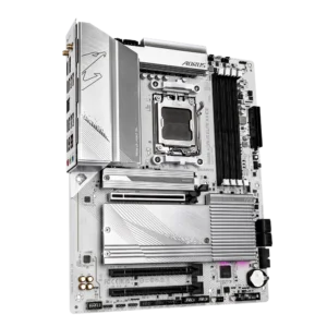 Top view of the GIGABYTE B650 AORUS ELITE AX ICE motherboard, AM5 socket with advanced cooling and Wi-Fi 6E, tailored for Ryzen 7000, 8000, and 9000 processors.