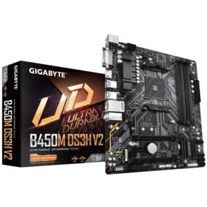 Affordable GIGABYTE B450M DS3H V2 AM4 Motherboard for Budget Ryzen 5000 Gaming Builds with DDR4 and Micro-ATX Design.