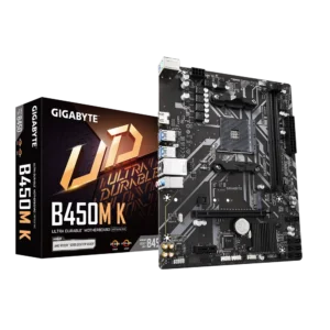 GIGABYTE B450M K AM4 motherboard optimized for Ryzen 5000 and earlier processors, featuring DDR4 memory support and PCIe 3.0 connectivity.