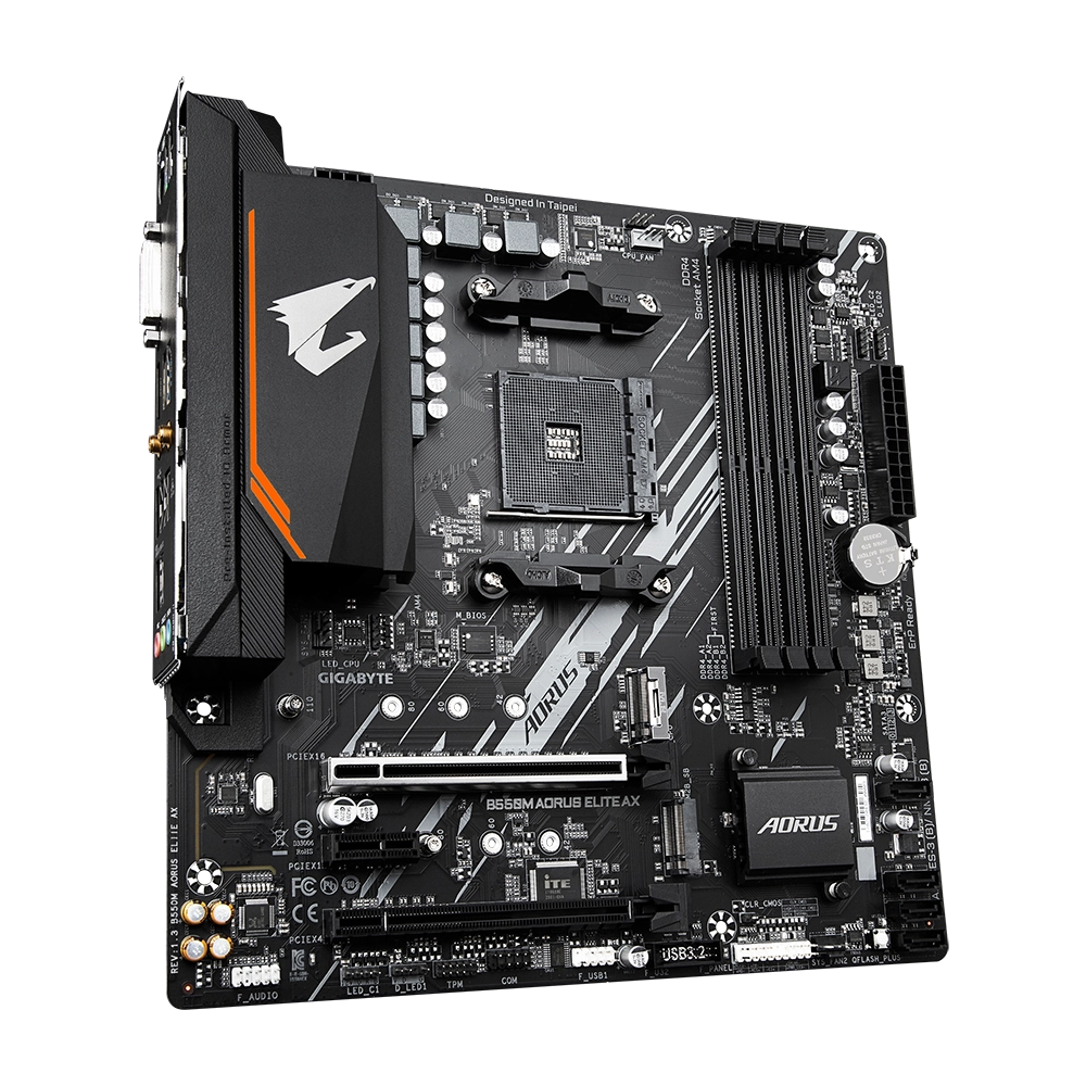 Gigabyte B550M AORUS ELITE AX Wi-Fi 6 motherboard for Ryzen 5000 CPUs, offering DDR4 memory, PCIe 4.0, and gaming-ready performance in a micro-ATX form factor.