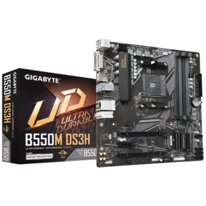 GIGABYTE B550M DS3H compact AM4 motherboard for Ryzen 5000, offering PCIe 4.0, dual M.2 slots, and robust connectivity for budget-friendly gaming setups.