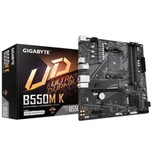 Gigabyte B550M K AM4 Motherboard optimized for Ryzen 5000 series processors with PCIe 4.0 and DDR4 memory support, ideal for budget-friendly gaming setup