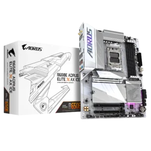 High-performance GIGABYTE B650E AORUS ELITE X AX ICE AM5 motherboard, ideal for Ryzen 7000 and 9000 series processors, with robust power delivery and cutting-edge features.