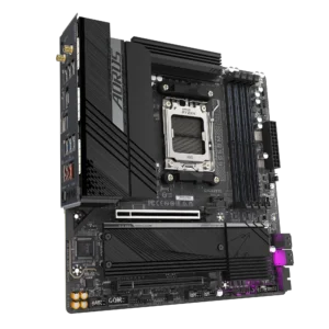 Compact GIGABYTE B650M AORUS ELITE AX motherboard showcasing AM5 socket, advanced cooling, and modern features for gamers and creators.