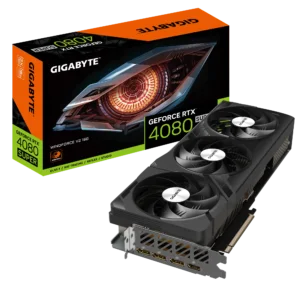 Front view of Gigabyte GeForce RTX™ 4080 SUPER WINDFORCE V2 16G graphics card with dual-fan cooling design, ideal for 4K gaming and professional tasks.