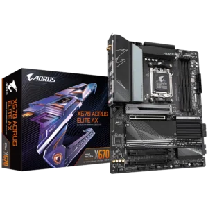 High-performance GIGABYTE X670 AORUS ELITE AX motherboard with AM5 socket, optimized for Ryzen 9000 CPUs, DDR5, PCIe 5.0, and Wi-Fi 6E connectivity.