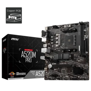 MSI A520M PRO motherboard overview highlighting its AM4 socket, DDR4 compatibility, and PCIe 3.0 support for Ryzen processors.