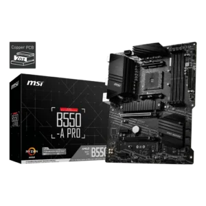 MSI B550-A PRO AM4 motherboard for Ryzen 5000 series, featuring PCIe 4.0 compatibility, DDR4 memory support, and enhanced power delivery for gaming and professional builds.