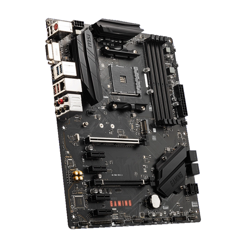 MSI B550 GAMING GEN3 motherboard showcasing AM4 socket, PCIe 3.0 slots, and DDR4 memory compatibility designed for Ryzen 5000 and 3000 series processors.