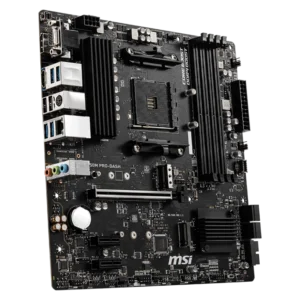 MSI B550M PRO-DASH motherboard displaying its compact Micro-ATX form factor, PCIe 4.0 slot, and high-speed connectivity for professional applications.