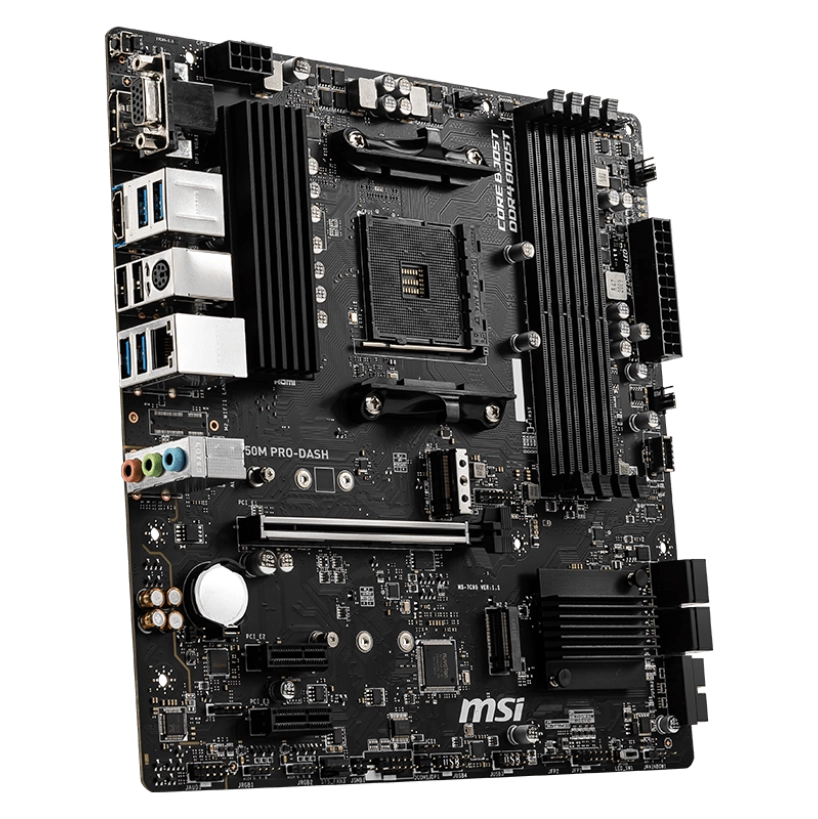 MSI B550M PRO-DASH motherboard displaying its compact Micro-ATX form factor, PCIe 4.0 slot, and high-speed connectivity for professional applications.