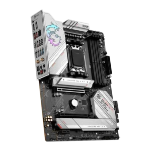 Close-up of MSI MPG B650 EDGE WIFI motherboard with robust power delivery, RGB lighting, and multiple USB Type-C ports for high-performance builds.