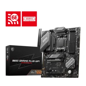 MSI B650 GAMING PLUS WIFI motherboard with AM5 socket, DDR5 RAM support, PCIe 4.0 compatibility, and integrated Wi-Fi 6, designed for gaming and productivity builds.