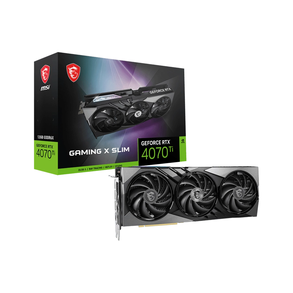 MSI GeForce RTX 4070 Ti GAMING X SLIM 12G graphics card with 12GB GDDR6X memory, ray tracing, and DLSS 3 for immersive 4K gaming and creative tasks.