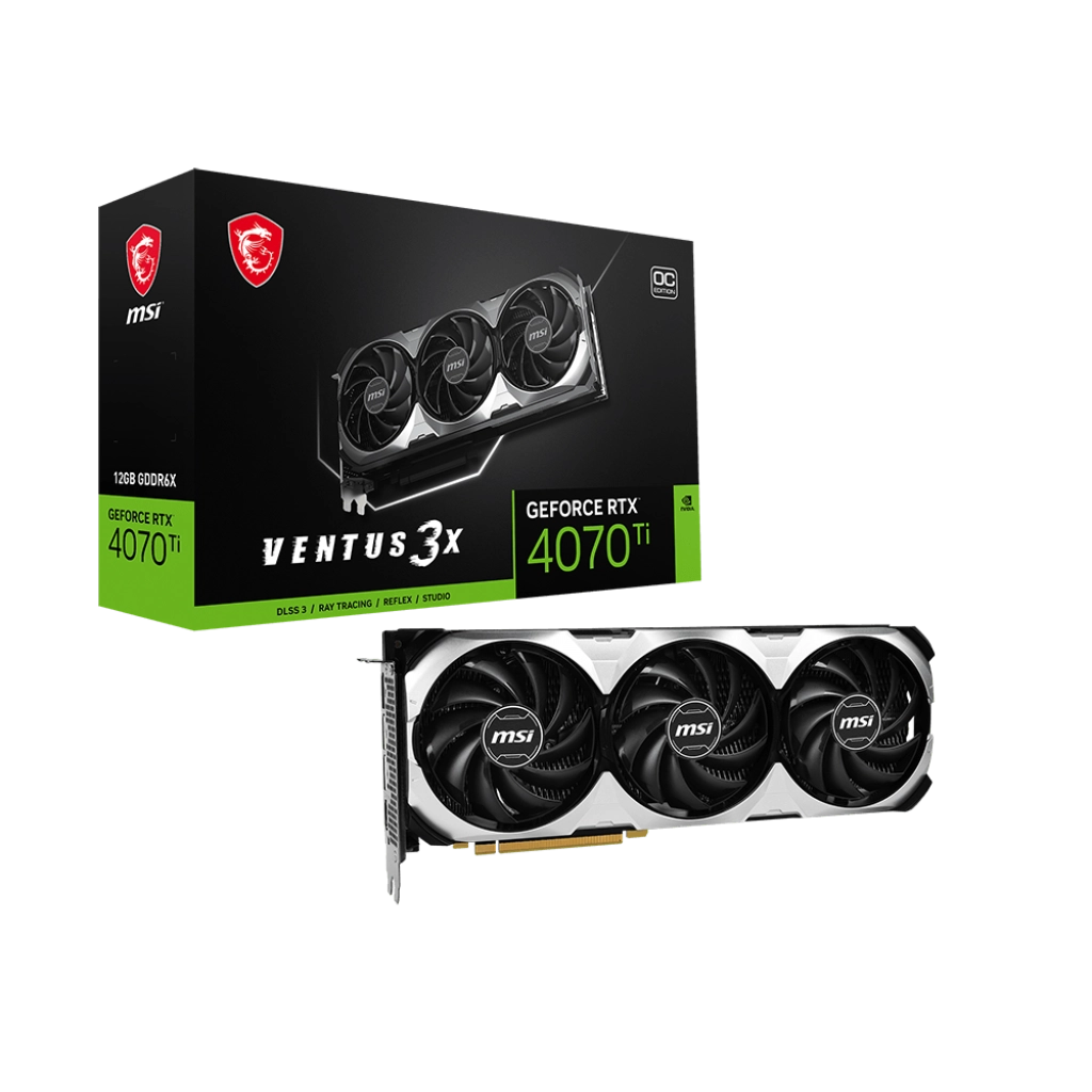 MSI GeForce RTX 4070 Ti VENTUS 3X 12G OC graphics card with 12GB GDDR6X, ray tracing, and DLSS 3 for high-performance 4K gaming and creative workloads.