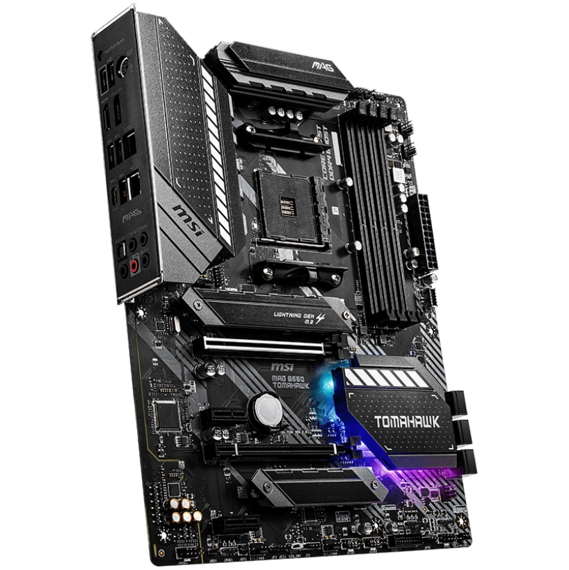 Close-up of the MSI MAG B550 TOMAHAWK motherboard showcasing PCIe 4.0 slots, dual M.2 support, and robust heatsinks for optimal gaming performance