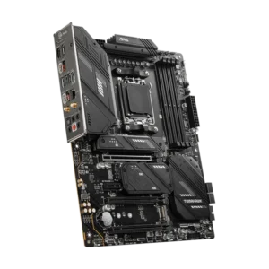 lose-up view of the MSI MAG X670E TOMAHAWK WIFI motherboard highlighting PCIe 5.0 slots and DDR5 support.