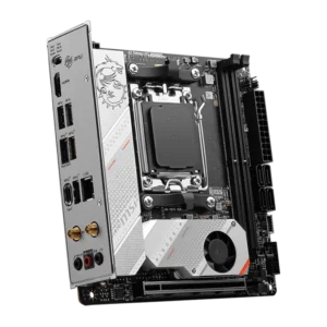 Close-up view of the MSI MPG B650I EDGE WIFI motherboard showcasing AM5 socket, DDR5 memory slots, and PCIe 5.0 compatibility.