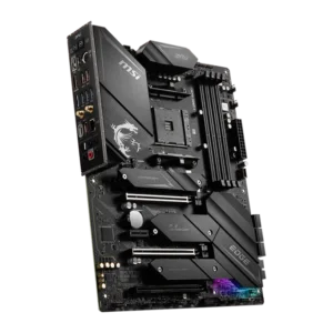 Top-down view of the MSI MPG X570S EDGE MAX WIFI motherboard with premium heatsinks, robust VRM, and AM4 socket for Ryzen processors.