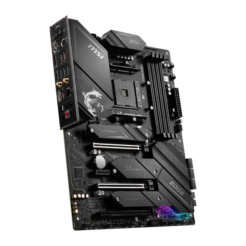 Top-down view of the MSI MPG X570S EDGE MAX WIFI motherboard with premium heatsinks, robust VRM, and AM4 socket for Ryzen processors.