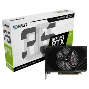 Palit GeForce RTX 3050 StormX 6GB mini-ITX GPU with DLSS AI, 2nd-gen RT cores, and NVIDIA Ampere for seamless 1080p gaming.