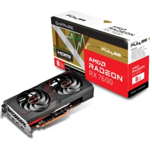Angled shot of Sapphire PULSE AMD Radeon RX 7600 8GB graphics card with metal backplate and optimized cooling design for gaming and professional use