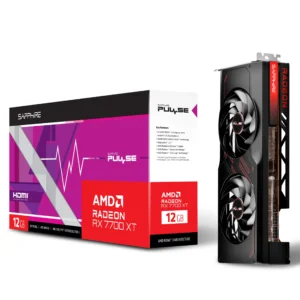Sapphire PULSE RX 7700 XT 12GB GDDR6 GPU with RDNA 3 technology, designed for smooth high-resolution gaming and efficient cooling.