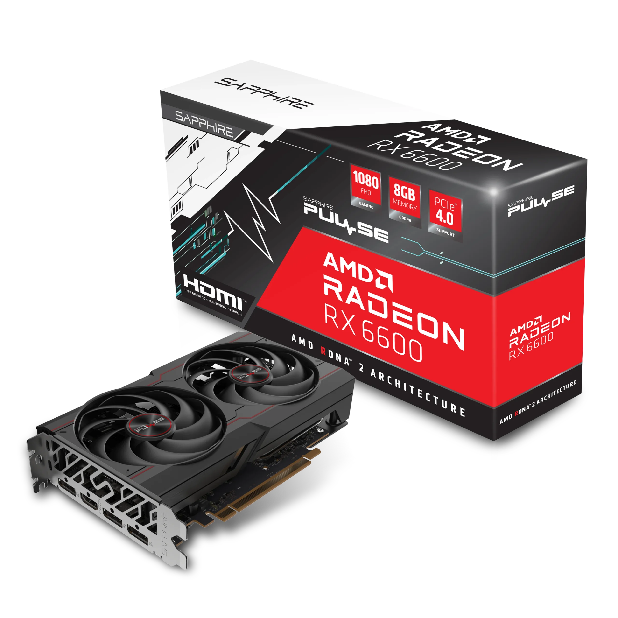 Sapphire PULSE RX 6600 GPU with 8GB GDDR6 memory and RDNA™ 2 architecture for immersive 1080p gaming, enhanced with reliable Dual-X Cooling.