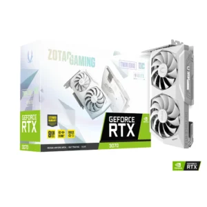 ZOTAC GAMING GeForce RTX 3070 Twin Edge OC White Edition LHR graphics card with 8GB GDDR6, DLSS support, and ray tracing for ultimate gaming performance.