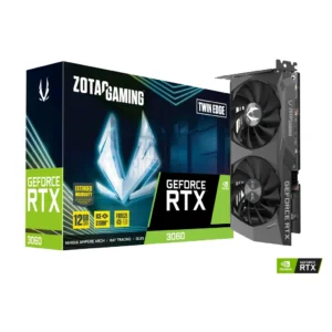 ZOTAC GAMING GeForce RTX 3060 Twin Edge graphics card with 12GB GDDR6 memory, advanced IceStorm 2.0 cooling, and NVIDIA DLSS support for 1080p/1440p gaming.