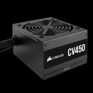 Corsair CV450 450W 80 PLUS Bronze power supply with a non-modular design, suitable for entry-level gaming PCs with GTX 1650 or RX 6500 XT GPUs.