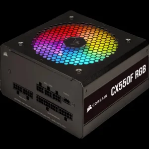 High-performance Corsair CX550F RGB PSU with modular cables, 550W output, 80 PLUS Bronze efficiency, and vibrant RGB lighting for gaming PC setups.