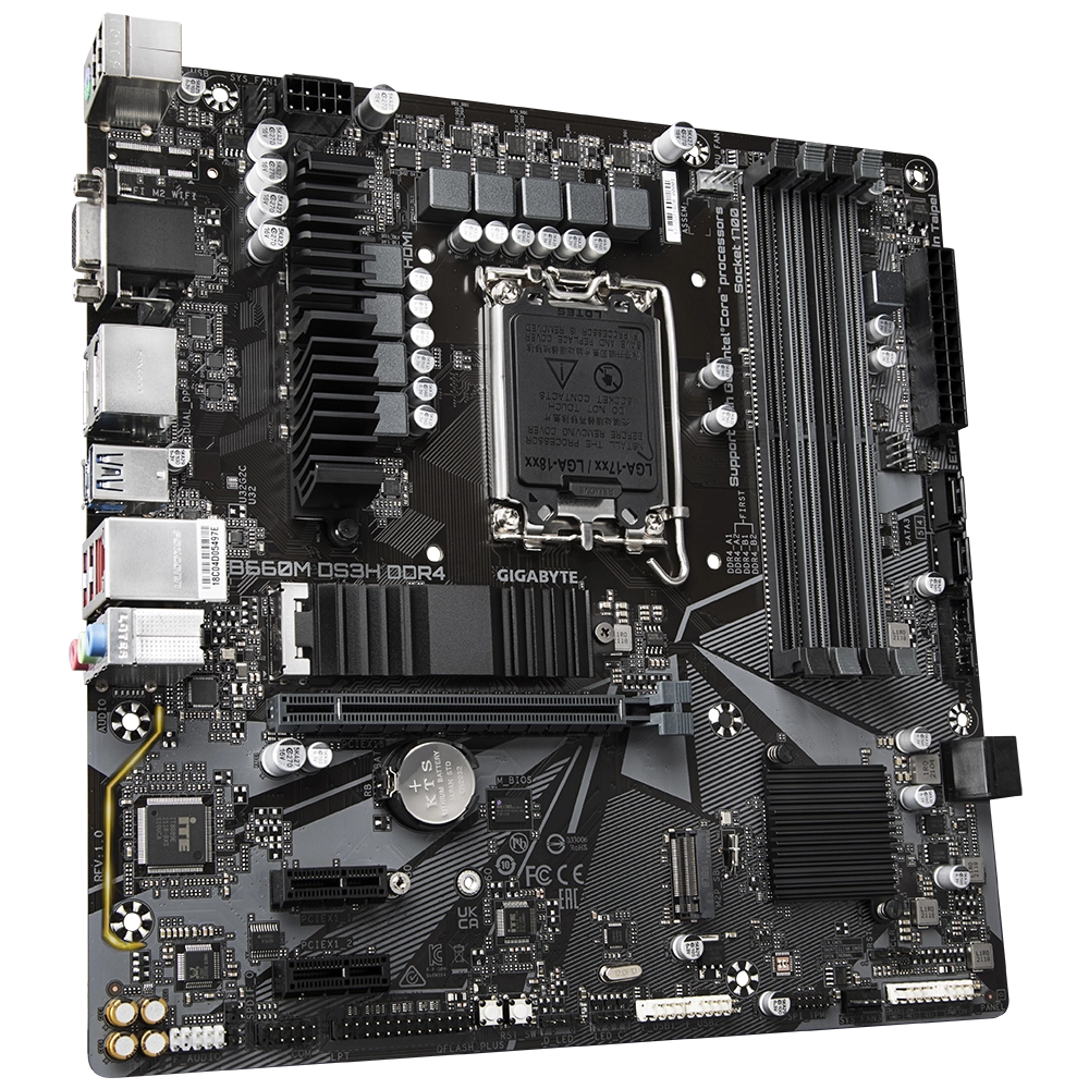 GIGABYTE B660M DS3H motherboard featuring Intel 12th/13th Gen CPU support, PCIe 4.0, dual M.2 slots, and DDR4 compatibility for seamless PC builds.