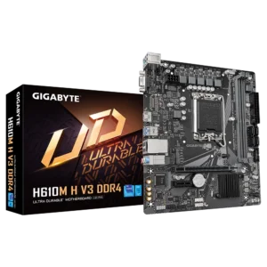 Affordable GIGABYTE H610M H V3 Micro-ATX motherboard for Intel 12th/13th Gen CPUs, PCIe 4.0 GPUs, DDR4 memory, and reliable performance.